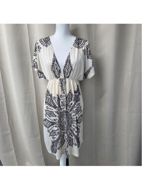 Ocean Blue Elegant Cream Black Knee Length Dress Boho Festival Size M